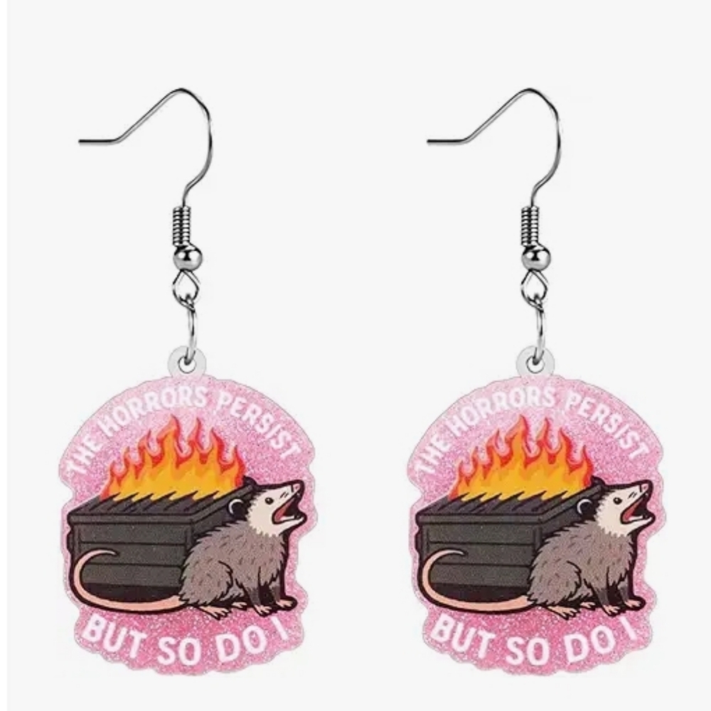 Pink 'The Horrors Persist' Opossum Drop Earrings